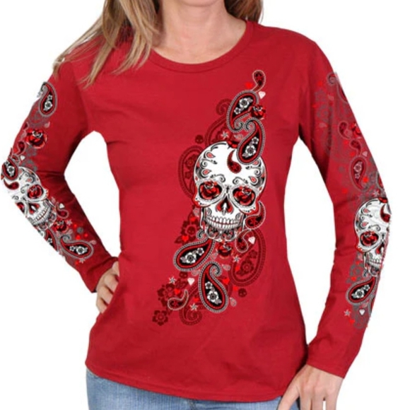 hot leathers Tops - NWT! Edgy Fuschia Skull Paisley Women's Long Sleeve Tee